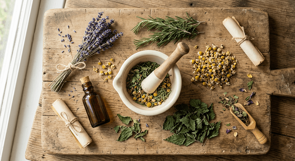 Dried herbs and botanicals arranged on a wooden surface